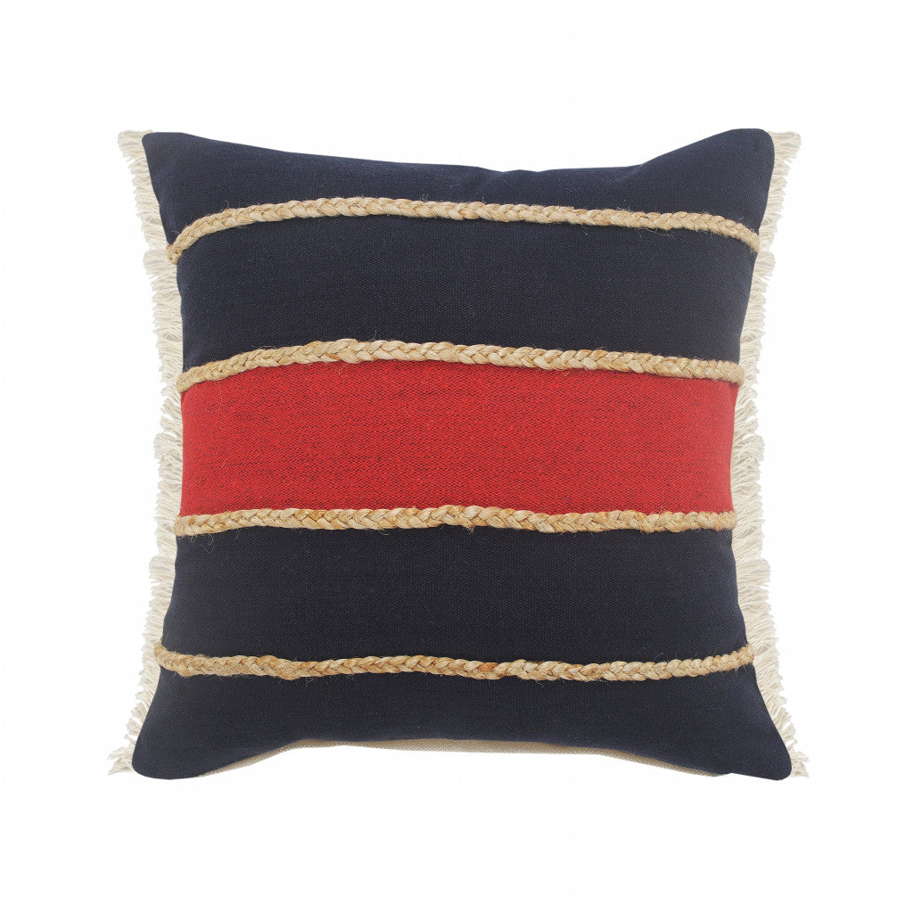 24" X 24" Navy Red And Tan 100% Cotton Striped Zippered Pillow