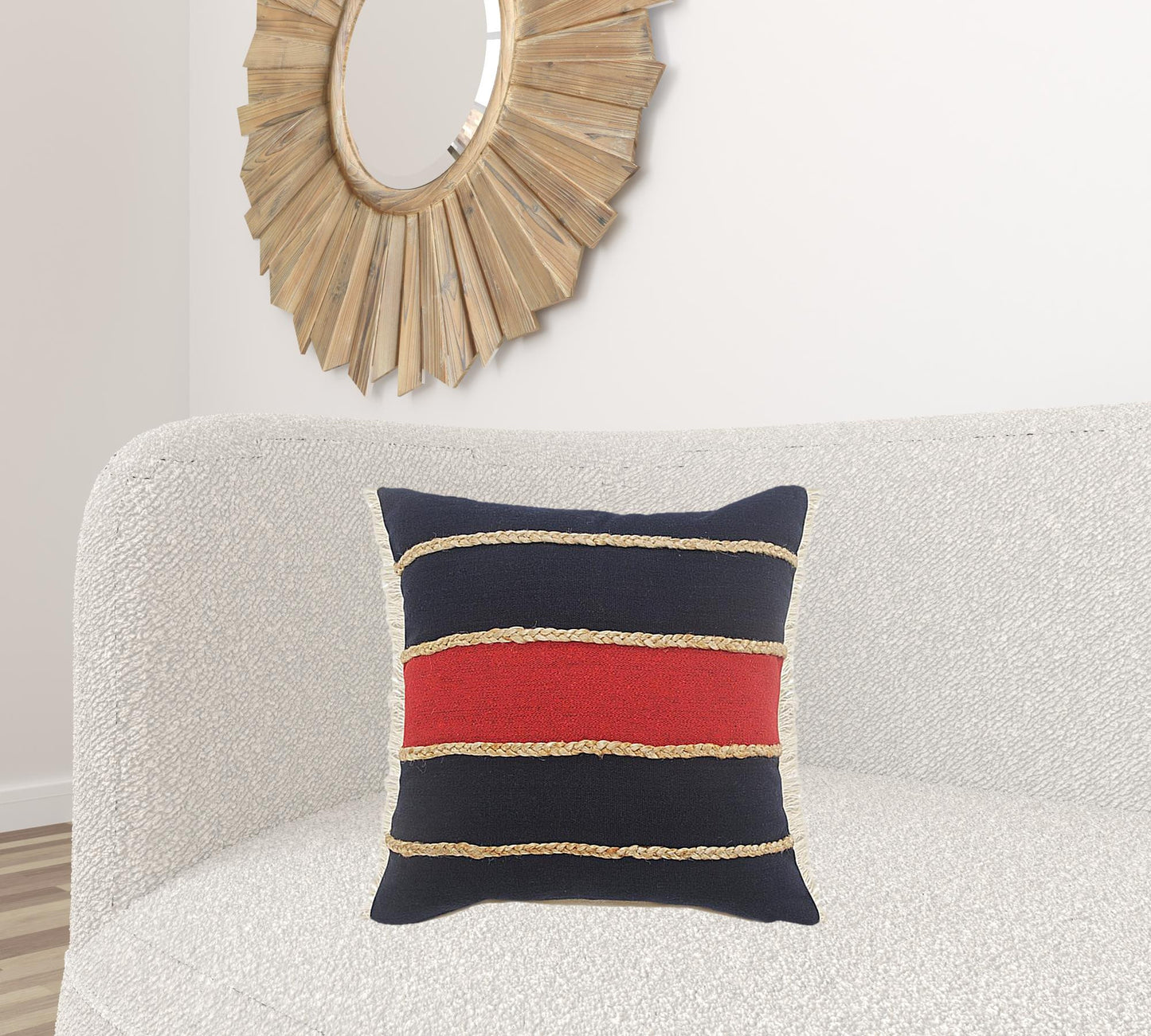 24" X 24" Navy Red And Tan 100% Cotton Striped Zippered Pillow