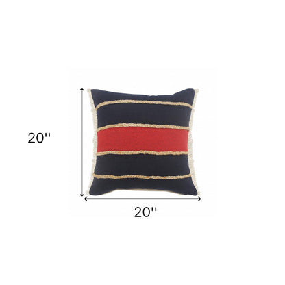 24" X 24" Navy Red And Tan 100% Cotton Striped Zippered Pillow