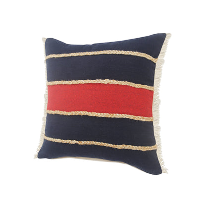 24" X 24" Navy Red And Tan 100% Cotton Striped Zippered Pillow