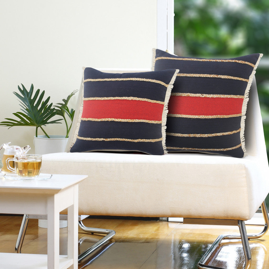 24" X 24" Navy Red And Tan 100% Cotton Striped Zippered Pillow