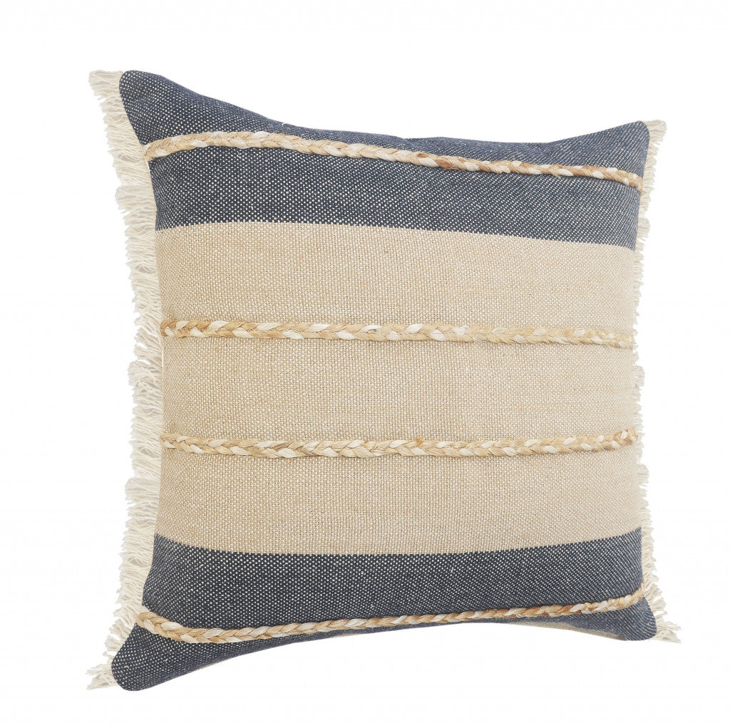 24" X 24" Denim Blue Tan And Taupe Jute Coastal Zippered Pillow