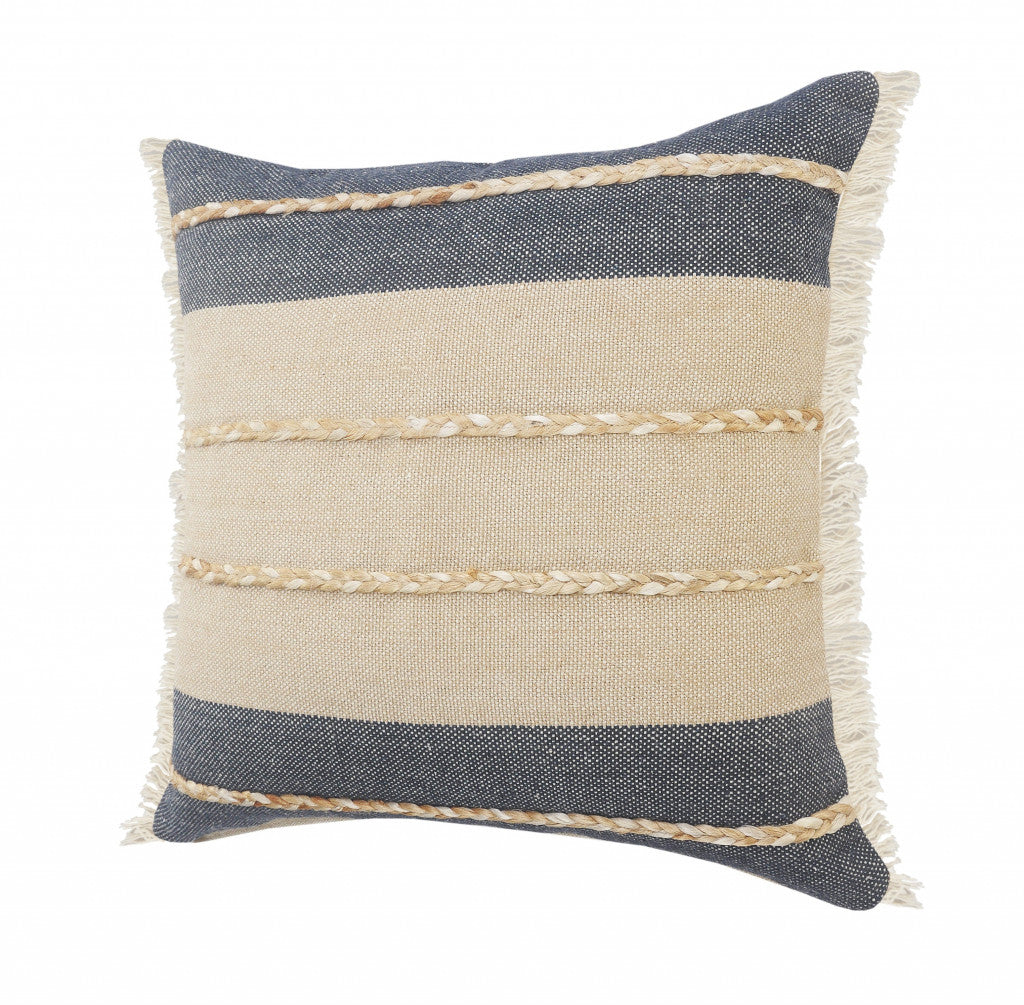 24" X 24" Denim Blue Tan And Taupe Jute Coastal Zippered Pillow