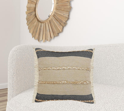 24" X 24" Black Tan And Taupe Jute Striped Zippered Pillow