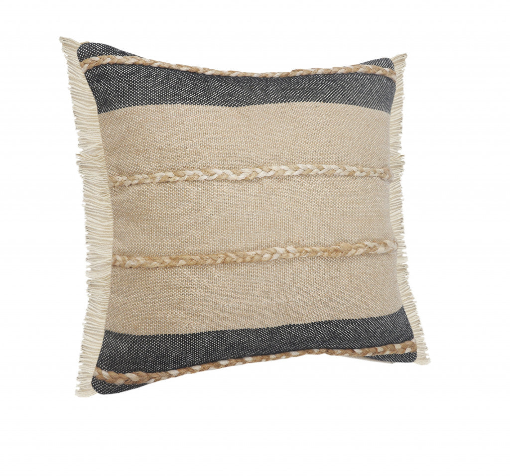 24" X 24" Black Tan And Taupe Jute Striped Zippered Pillow