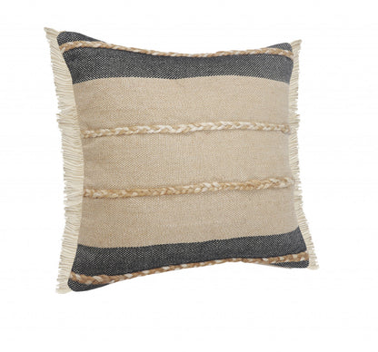 24" X 24" Black Tan And Taupe Jute Striped Zippered Pillow