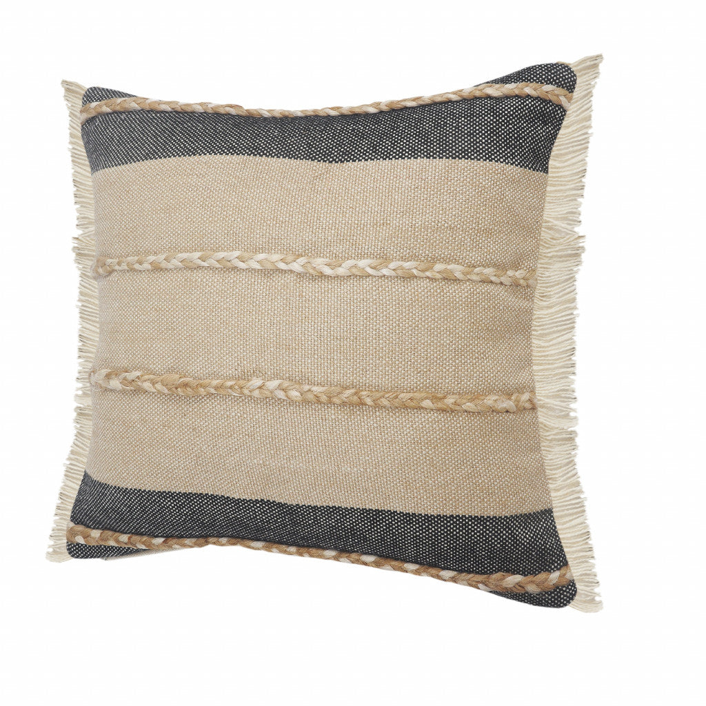 24" X 24" Black Tan And Taupe Jute Striped Zippered Pillow