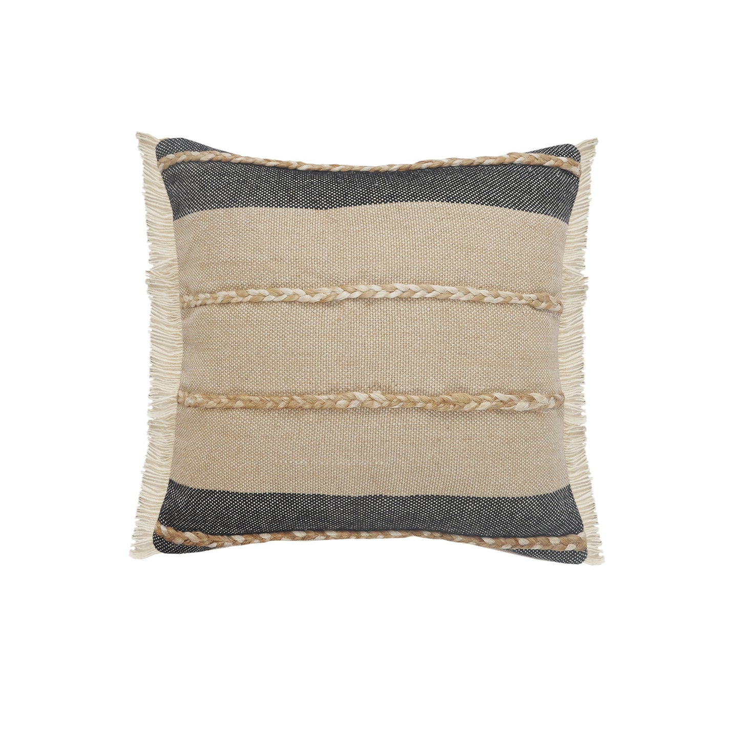 24" X 24" Black Tan And Taupe Jute Striped Zippered Pillow