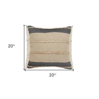 24" X 24" Black Tan And Taupe Jute Striped Zippered Pillow