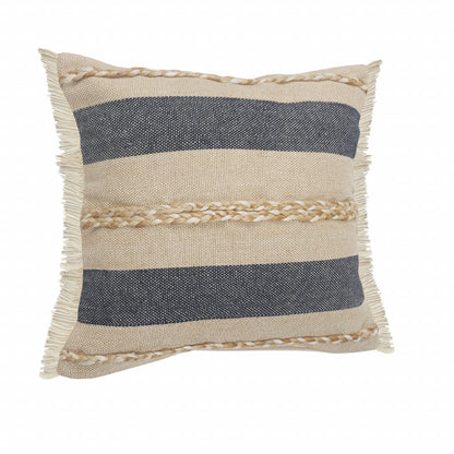 20" X 20" Denim Blue Tan And Taupe Jute Coastal Zippered Pillow