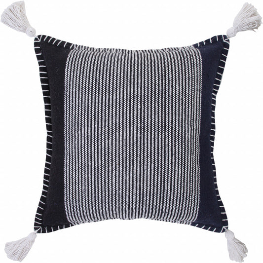 20" X 20" Black Navy And White 100% Cotton Striped Zippered Pillow