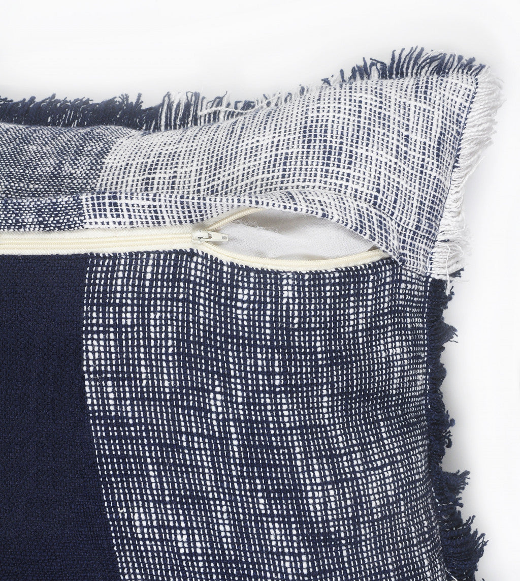 20" X 20" Navy Blue And White 100% Cotton Plaid Zippered Pillow