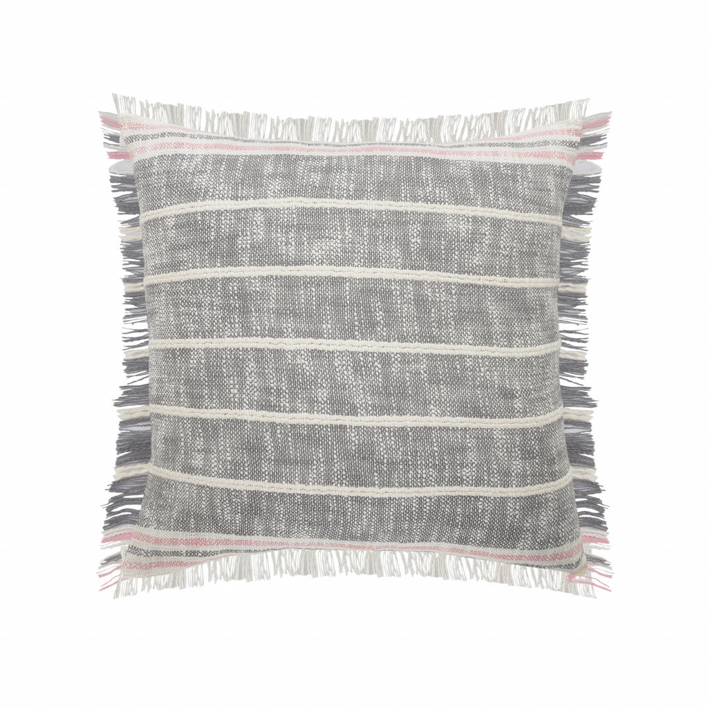 20" X 20" Gray White And Pink 100% Cotton Striped Zippered Pillow