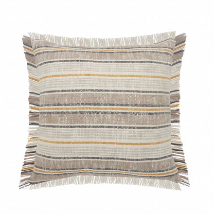 20" X 20" Taupe Gray Yellow And Navy 100% Cotton Striped Zippered Pillow