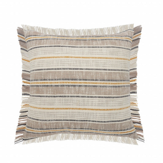 20" X 20" Taupe Gray Yellow And Navy 100% Cotton Striped Zippered Pillow