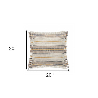 20" X 20" Taupe Gray Yellow And Navy 100% Cotton Striped Zippered Pillow