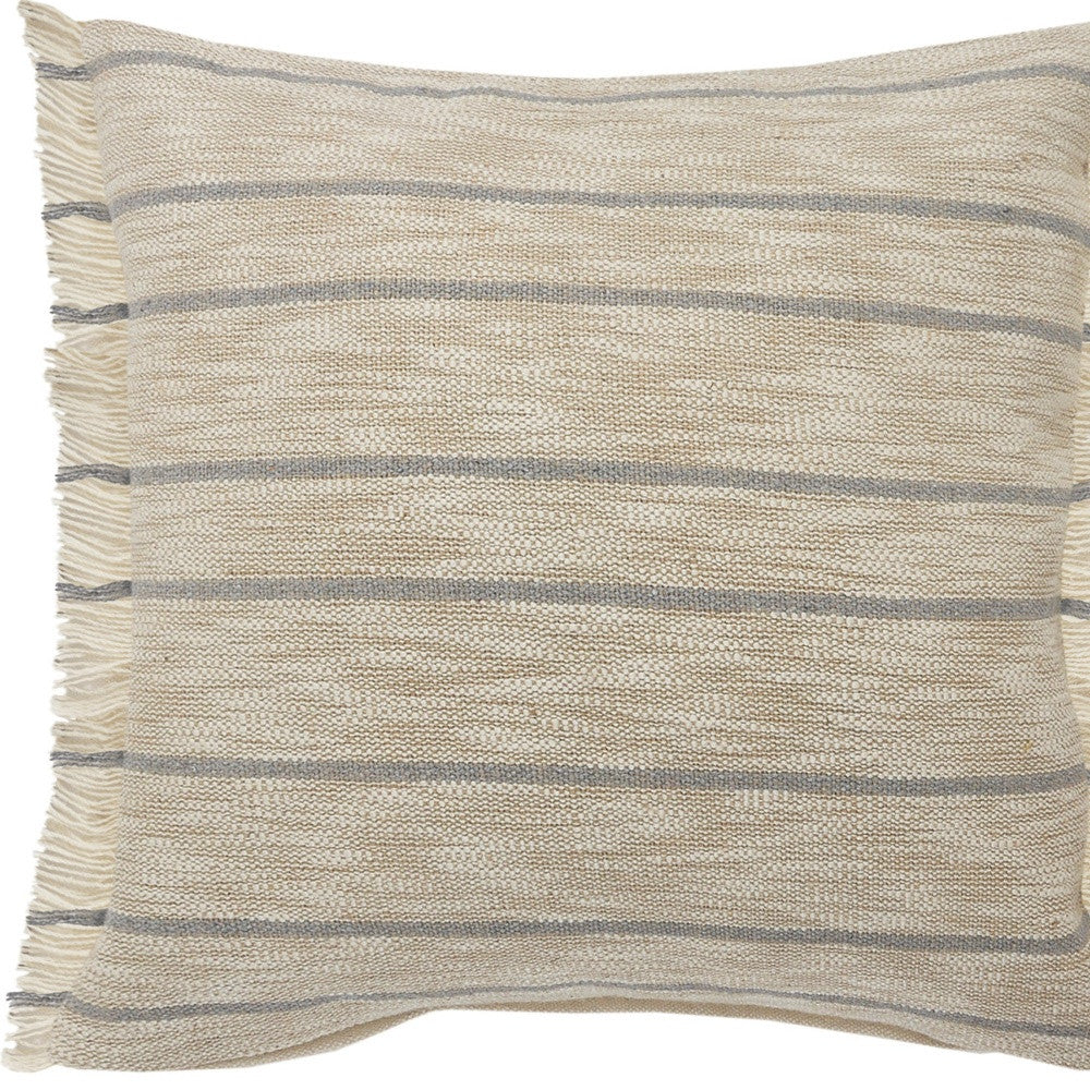 20" Taupe and Dusty Blue Jute Throw Pillow