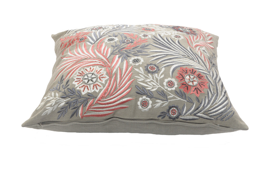 20" X 20" Gray Adn Pink 100% Cotton Floral Zippered Pillow