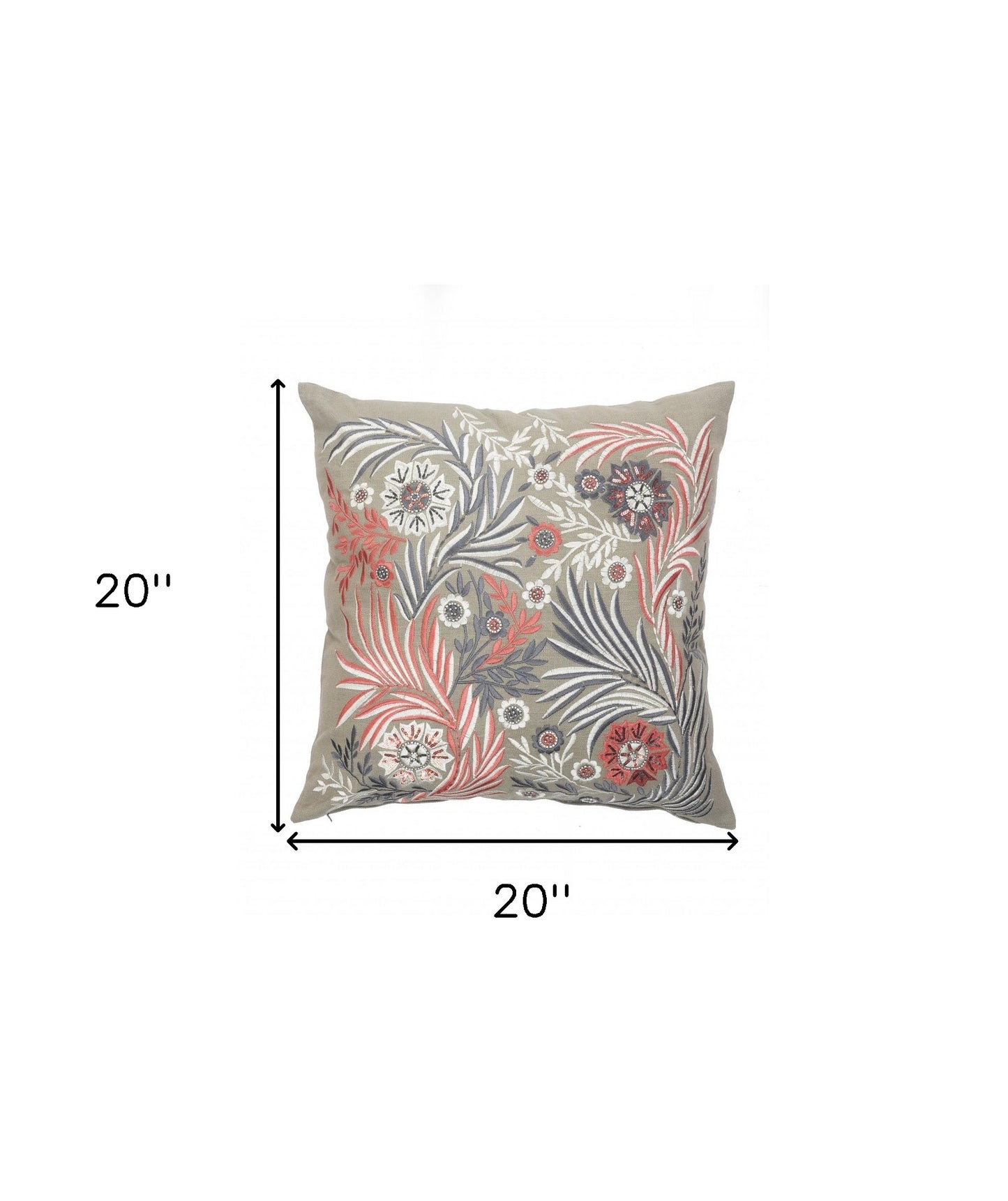 20" X 20" Gray Adn Pink 100% Cotton Floral Zippered Pillow