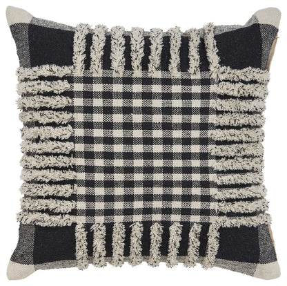 18" X 18" Black and Off White Plaid Cotton Zippered Pillow