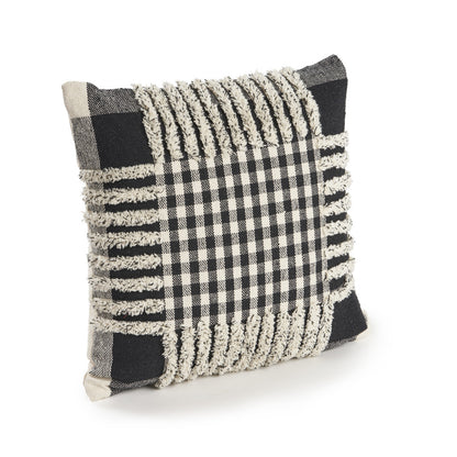 18" X 18" Black and Off White Plaid Cotton Zippered Pillow