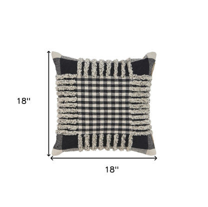 18" X 18" Black and Off White Plaid Cotton Zippered Pillow