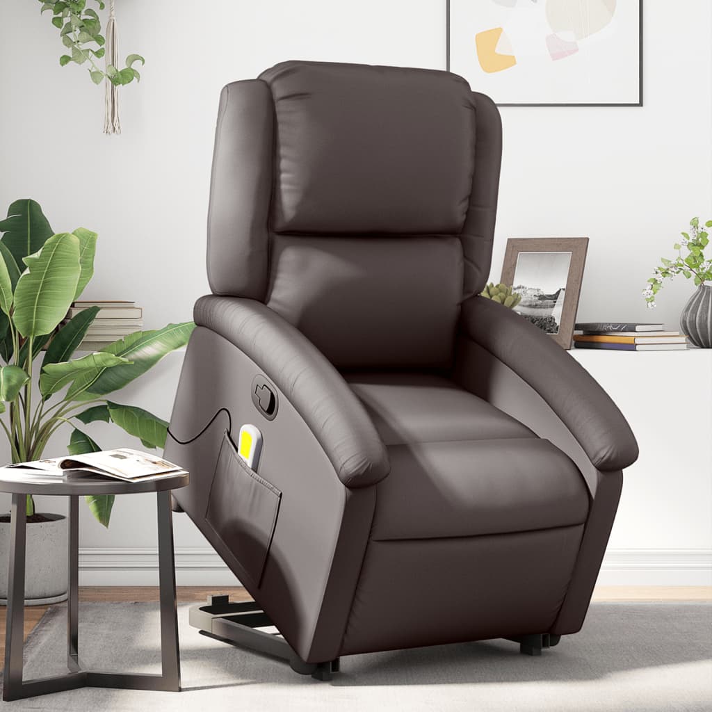 Stand up Massage Recliner Chair Dark Brown Real Leather