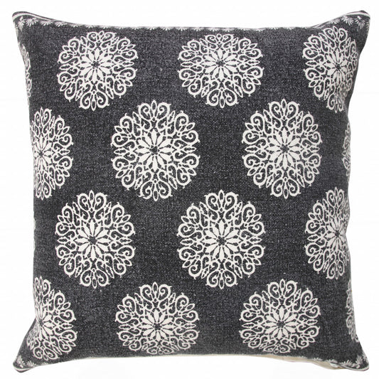 20" X 20" Black And White 100% Cotton Floral Zippered Pillow