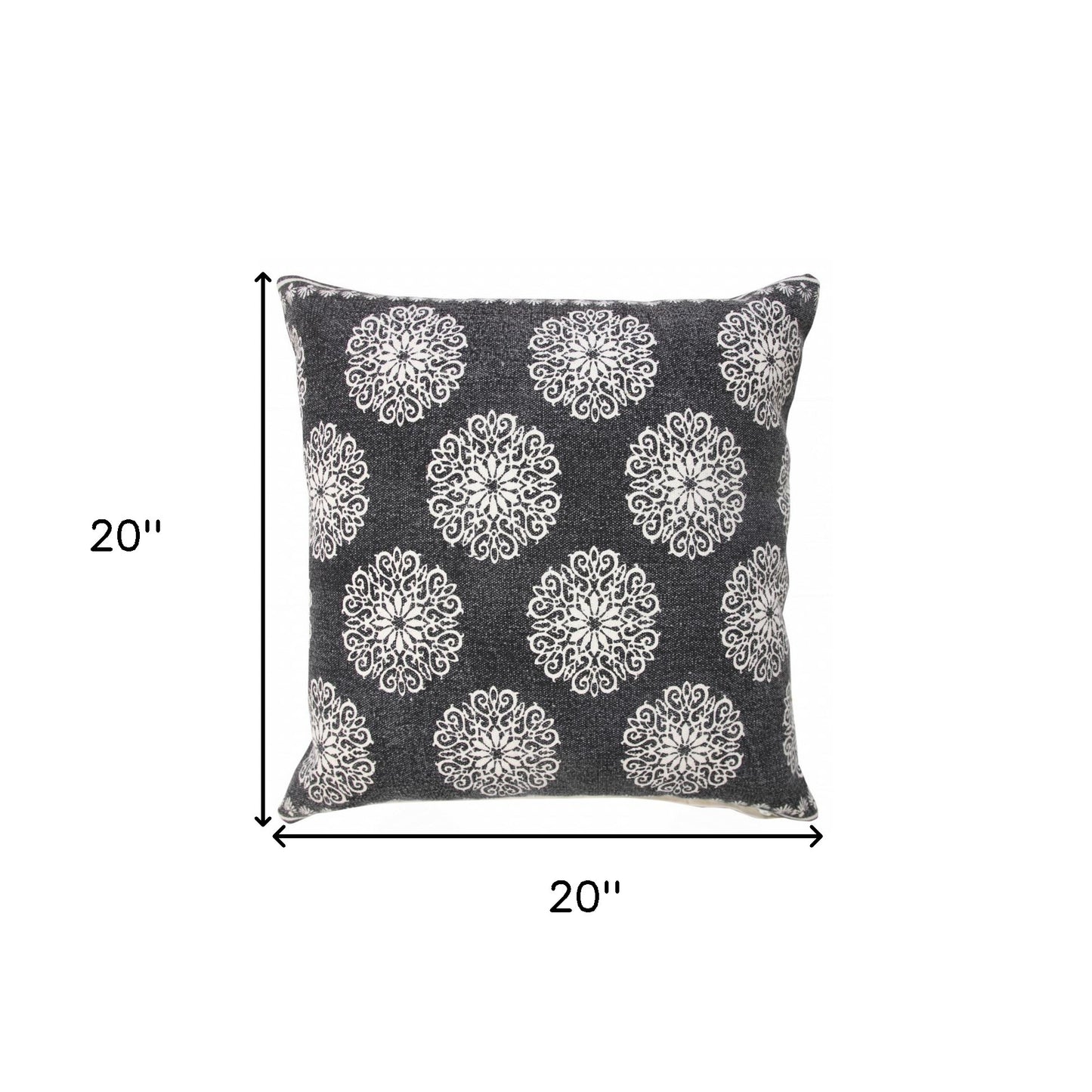 20" X 20" Black And White 100% Cotton Floral Zippered Pillow