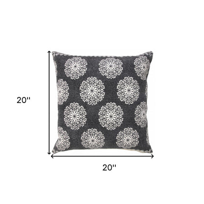 20" X 20" Black And White 100% Cotton Floral Zippered Pillow