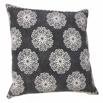 20" X 20" Black And White 100% Cotton Floral Zippered Pillow