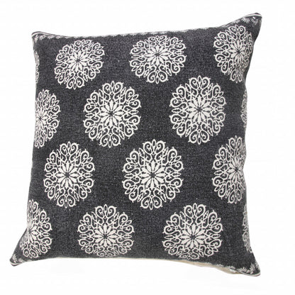 20" X 20" Black And White 100% Cotton Floral Zippered Pillow