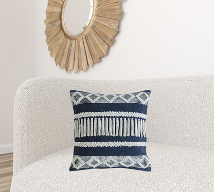 20" X 20" Blue And Ivory 100% Cotton Geometric Zippered Pillow