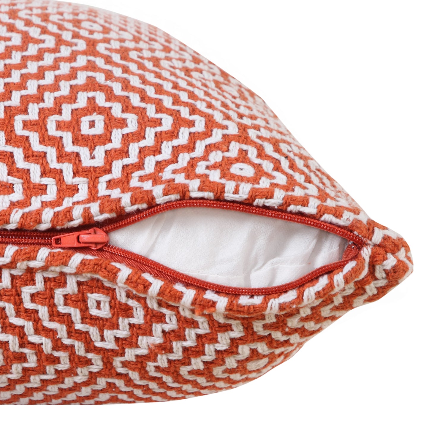 20" X 20" Orange And White 100% Cotton Geometric Zippered Pillow