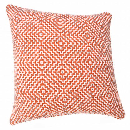 20" X 20" Orange And White 100% Cotton Geometric Zippered Pillow