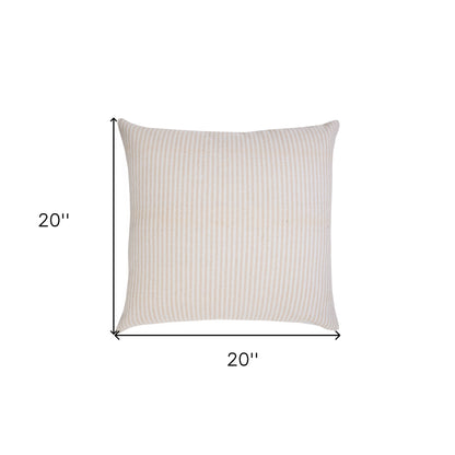 20" X 20" Beige And White 100% Cotton Striped Zippered Pillow