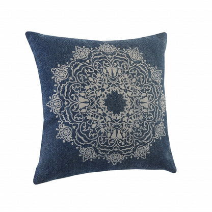 20" X 20" Blue And White 100% Cotton Geometric Zippered Pillow