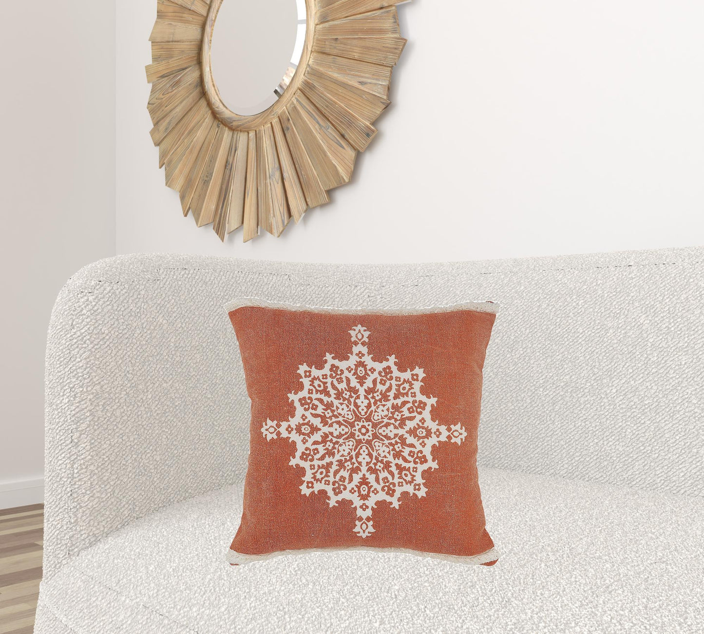 20" X 20" Orange And Off-White 100% Cotton Geometric Zippered Pillow