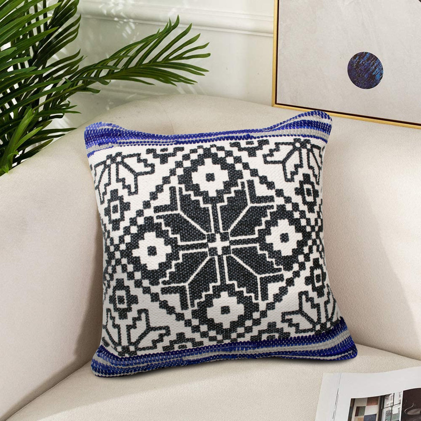 20" X 20" Blue Navy Gray And White 100% Cotton Geometric Zippered Pillow