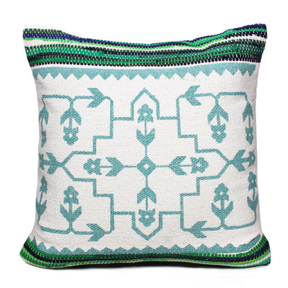 20" X 20" Green White And Blue 100% Cotton Geometric Zippered Pillow