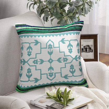 20" X 20" Green White And Blue 100% Cotton Geometric Zippered Pillow