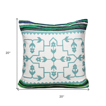 20" X 20" Green White And Blue 100% Cotton Geometric Zippered Pillow