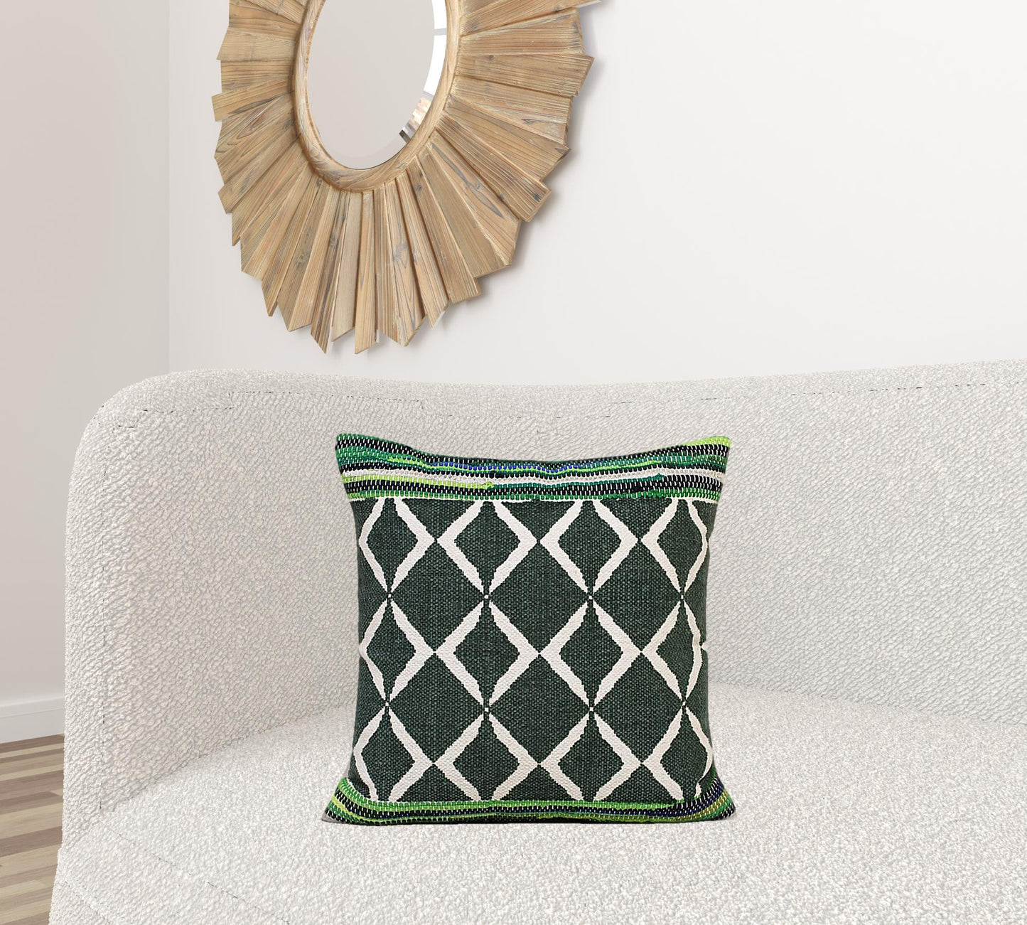 20" X 20" Green Blue And White 100% Cotton Geometric Zippered Pillow