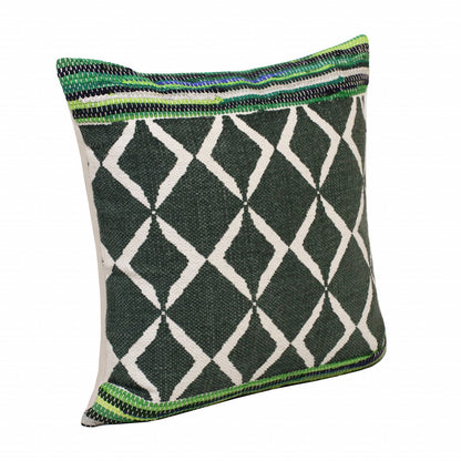 20" X 20" Green Blue And White 100% Cotton Geometric Zippered Pillow