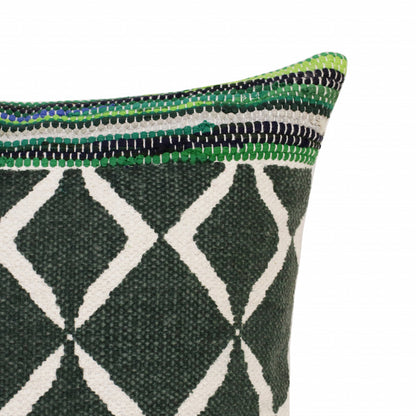 20" X 20" Green Blue And White 100% Cotton Geometric Zippered Pillow