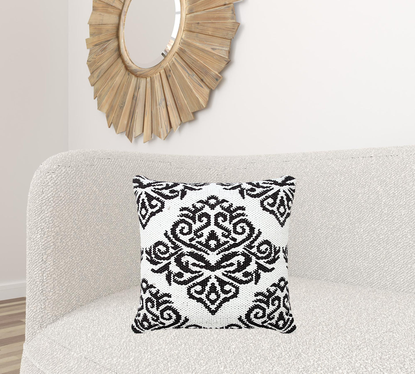 20" X 20" White And Black 100% Cotton Damask Zippered Pillow