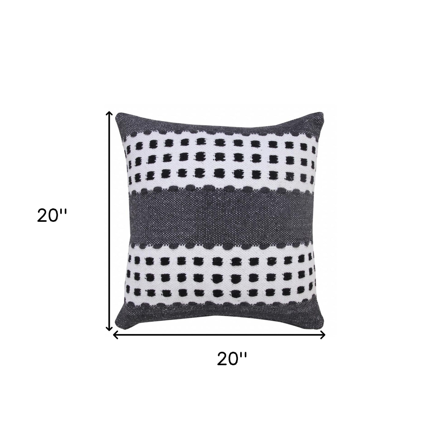 20" X 20" Black Gray And White 100% Cotton Striped Zippered Pillow