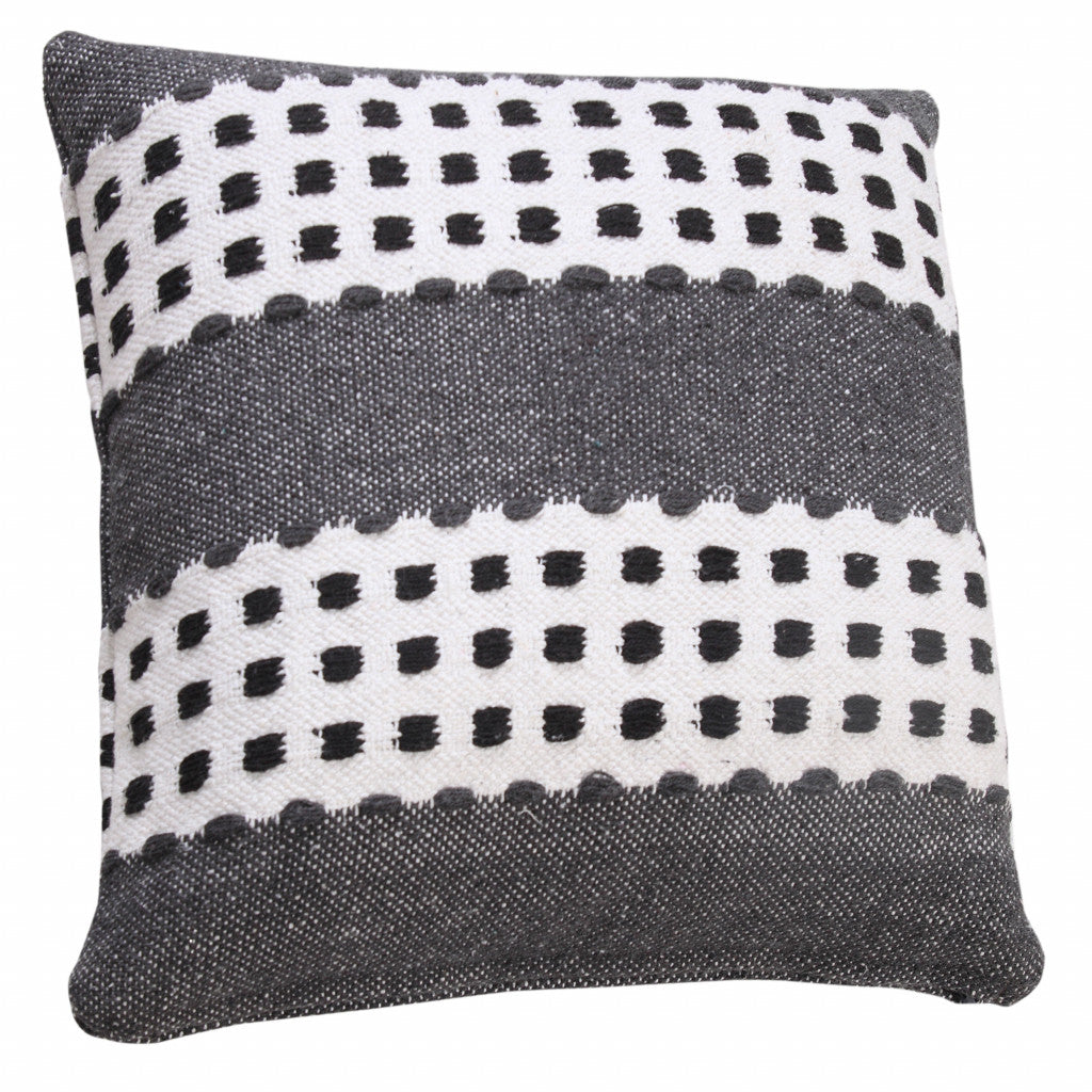 20" X 20" Black Gray And White 100% Cotton Striped Zippered Pillow