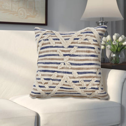 18" X 18" Blue and Beige Striped Cotton Zippered Pillow