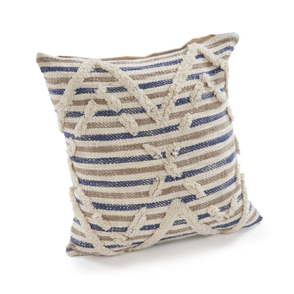 18" X 18" Blue and Beige Striped Cotton Zippered Pillow